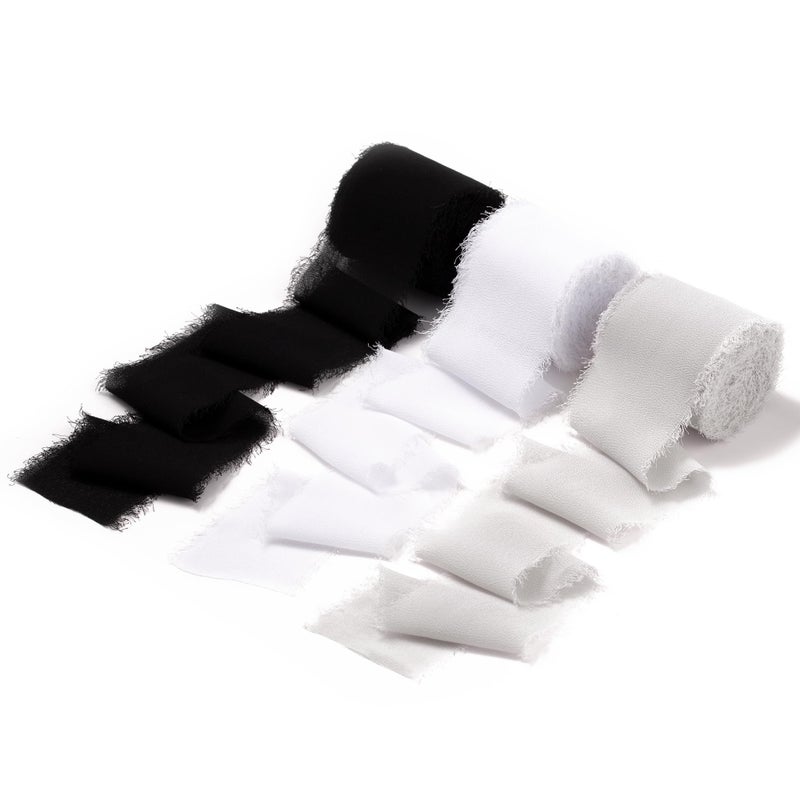 DORIS HOME 2" x21Yd Chiffon Ribbon for Flower Bouquet, Black & White Fabric Ribbon for Gift Wrapping, Handmade Frayed Ribbon for Wedding Christmas Decorations - Image 1